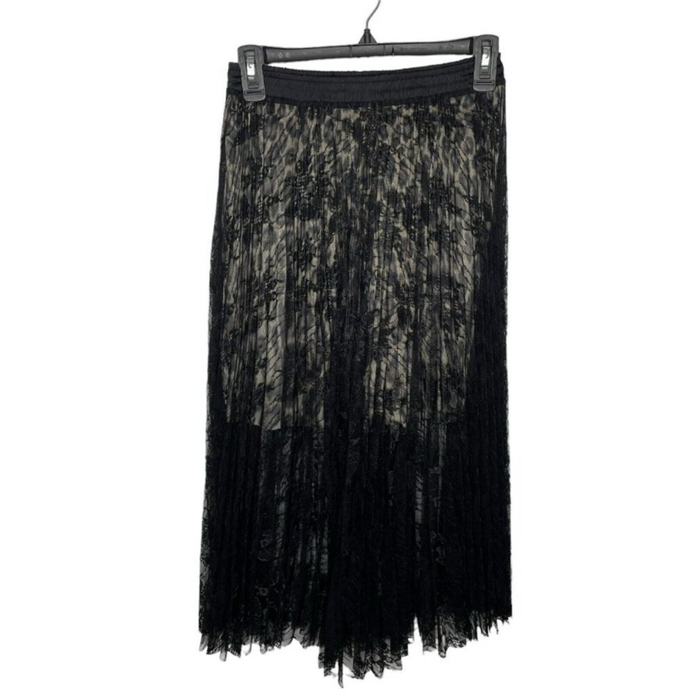 Loyd Ford Black Lace Leopard Print Pleated Midi Skirt